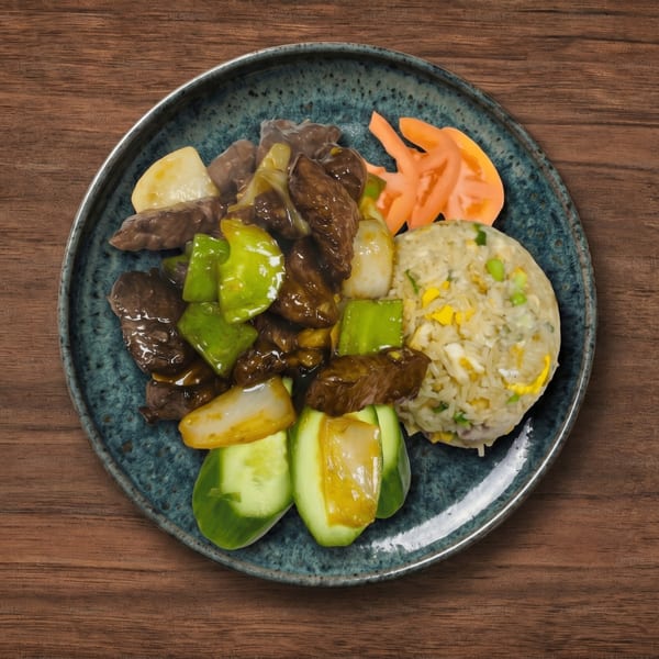 Beef and peppers with fried rice, pickled ginger, and cucumber on a blue plate.