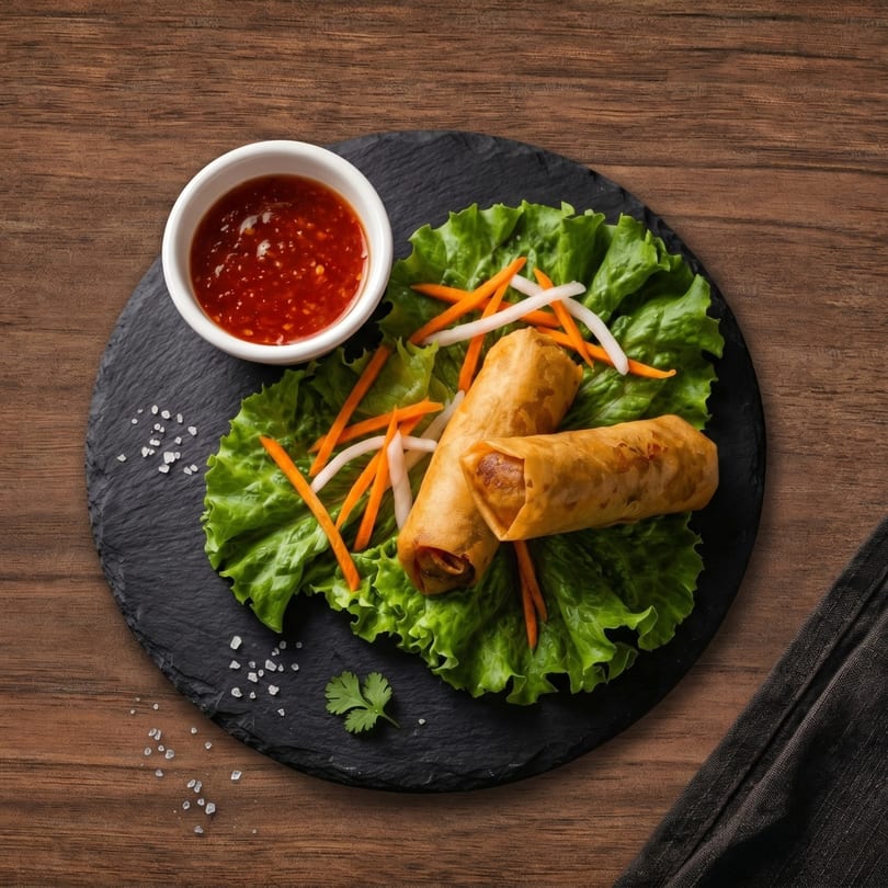 Two crispy spring rolls on lettuce with shredded carrots, daikon, and a side of chili sauce.