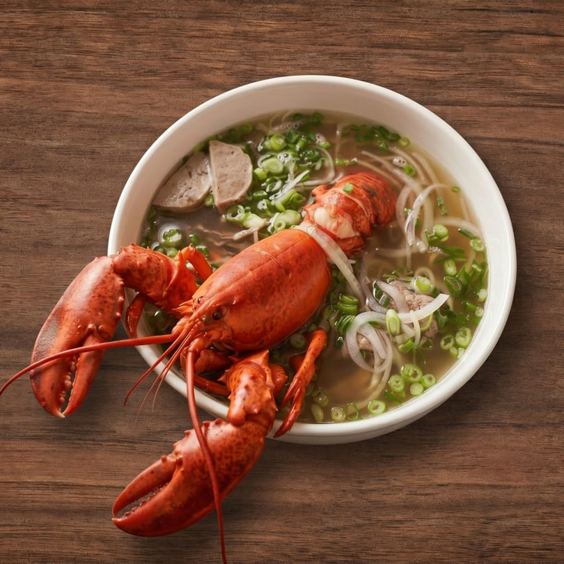 Lobster pho with noodles, sliced meat, and green onions in a white bowl on a wooden table.