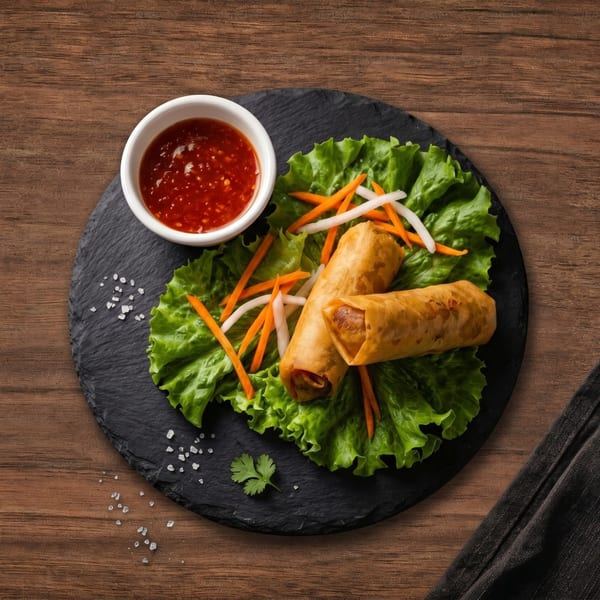 Two crispy spring rolls on lettuce with shredded carrots, daikon, and a side of chili sauce.