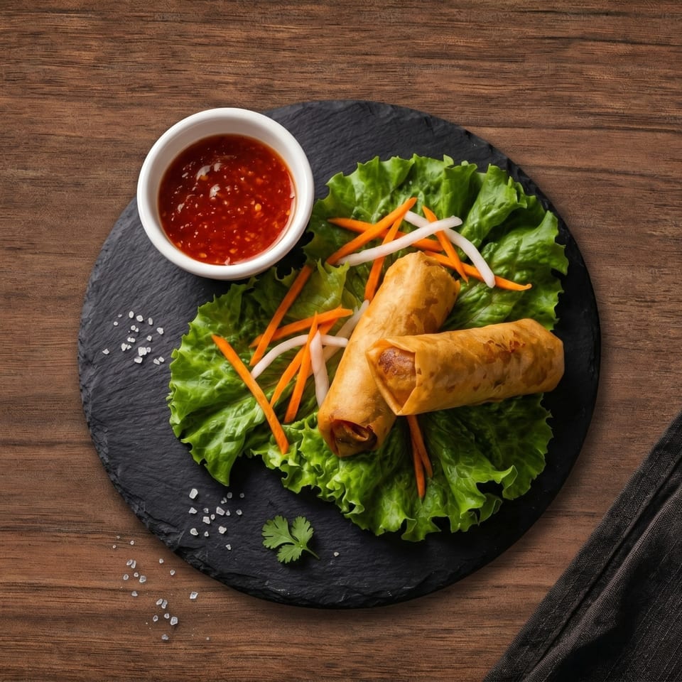 Two crispy spring rolls on lettuce with shredded carrots, daikon, and a side of chili sauce.
