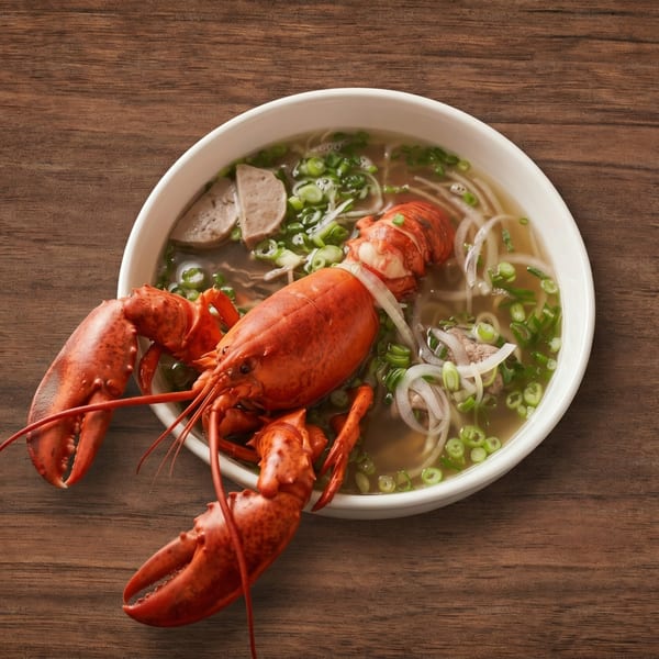 A whole cooked lobster rests in a bowl of pho with noodles, meat, and green onions.