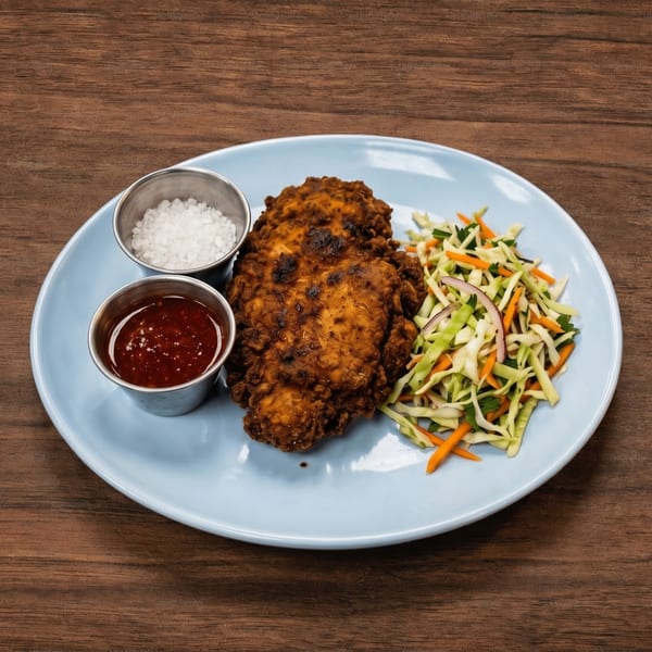 Crispy fried chicken with coleslaw, a side of hot sauce, and sea salt on a light blue plate.