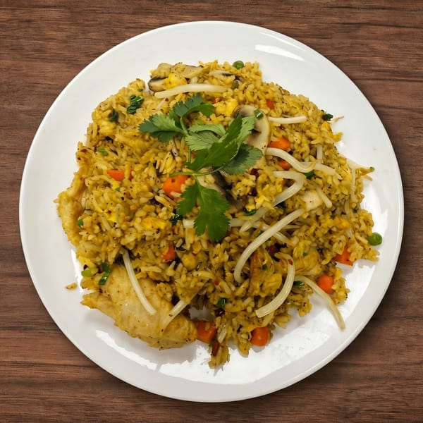 A white plate of chicken fried rice with vegetables, mushrooms, and cilantro on a wooden table.