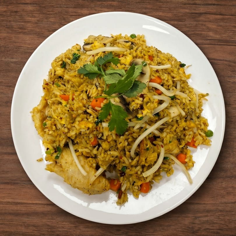 A white plate of chicken fried rice with vegetables, mushrooms, and cilantro on a wooden table.